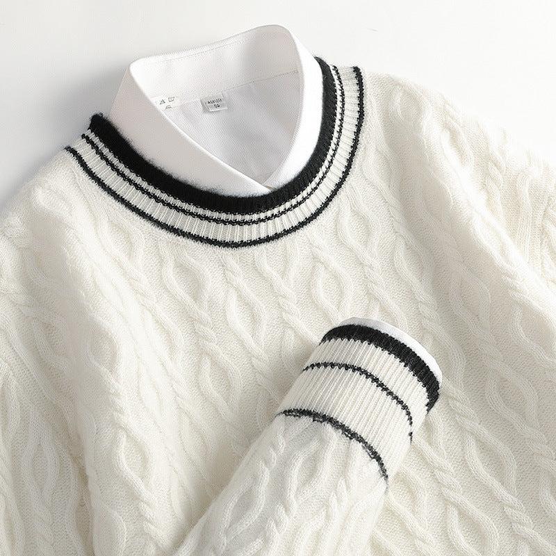 Cashmere cable knit sweater with striped collar