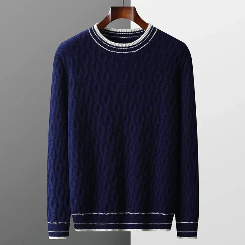 Navy blue cashmere cable knit sweater with striped collar