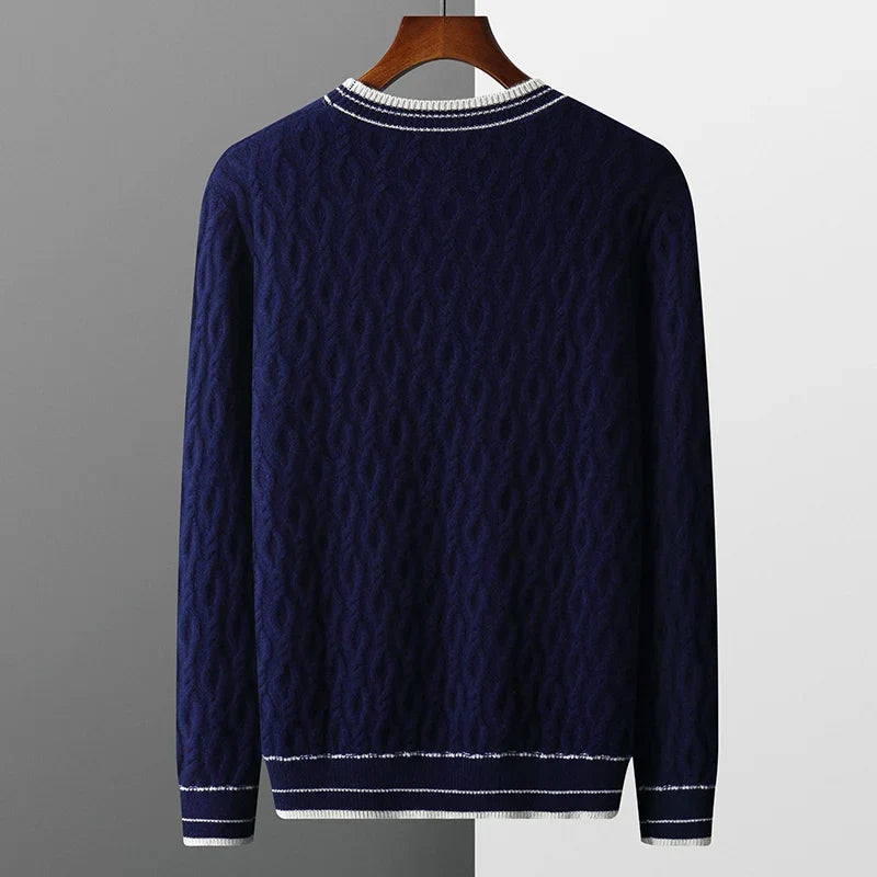 Cashmere cable knit sweater with striped collar