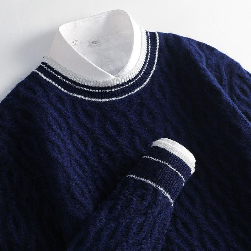 Cashmere cable knit sweater with striped collar