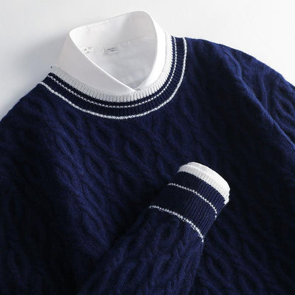 Cashmere cable knit sweater with striped collar