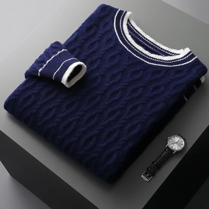 Cashmere cable knit sweater with striped collar