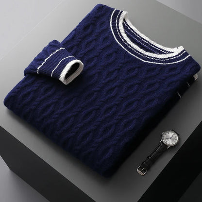 Cashmere cable knit sweater with striped collar