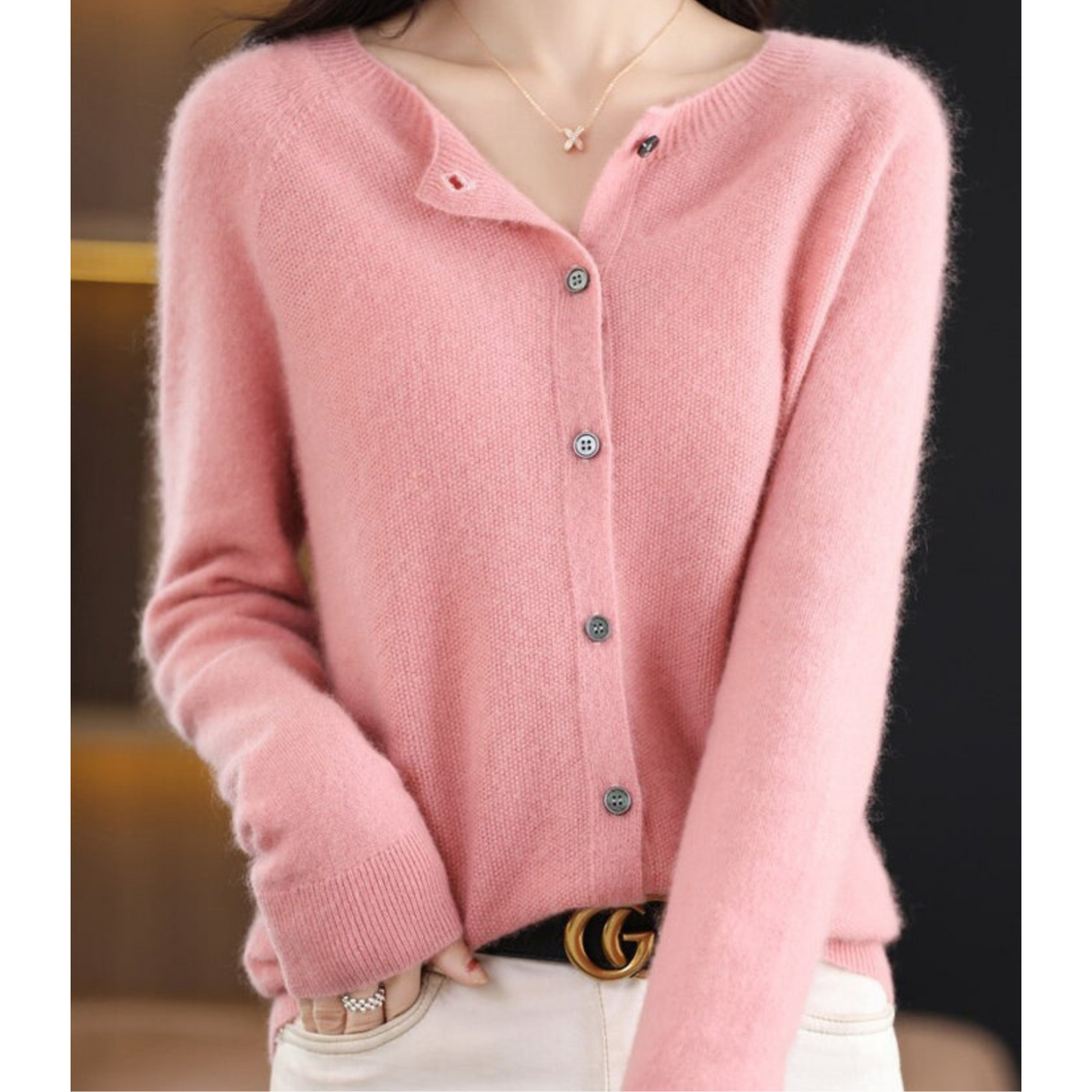 Light Pink Brushed Knit Button-Front Cardigan