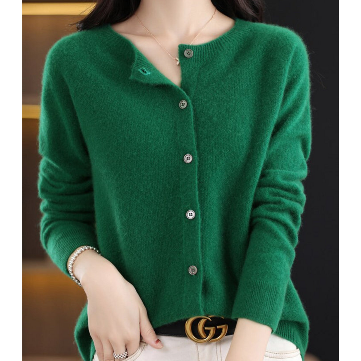 Dark Green Brushed Knit Button-Front Cardigan