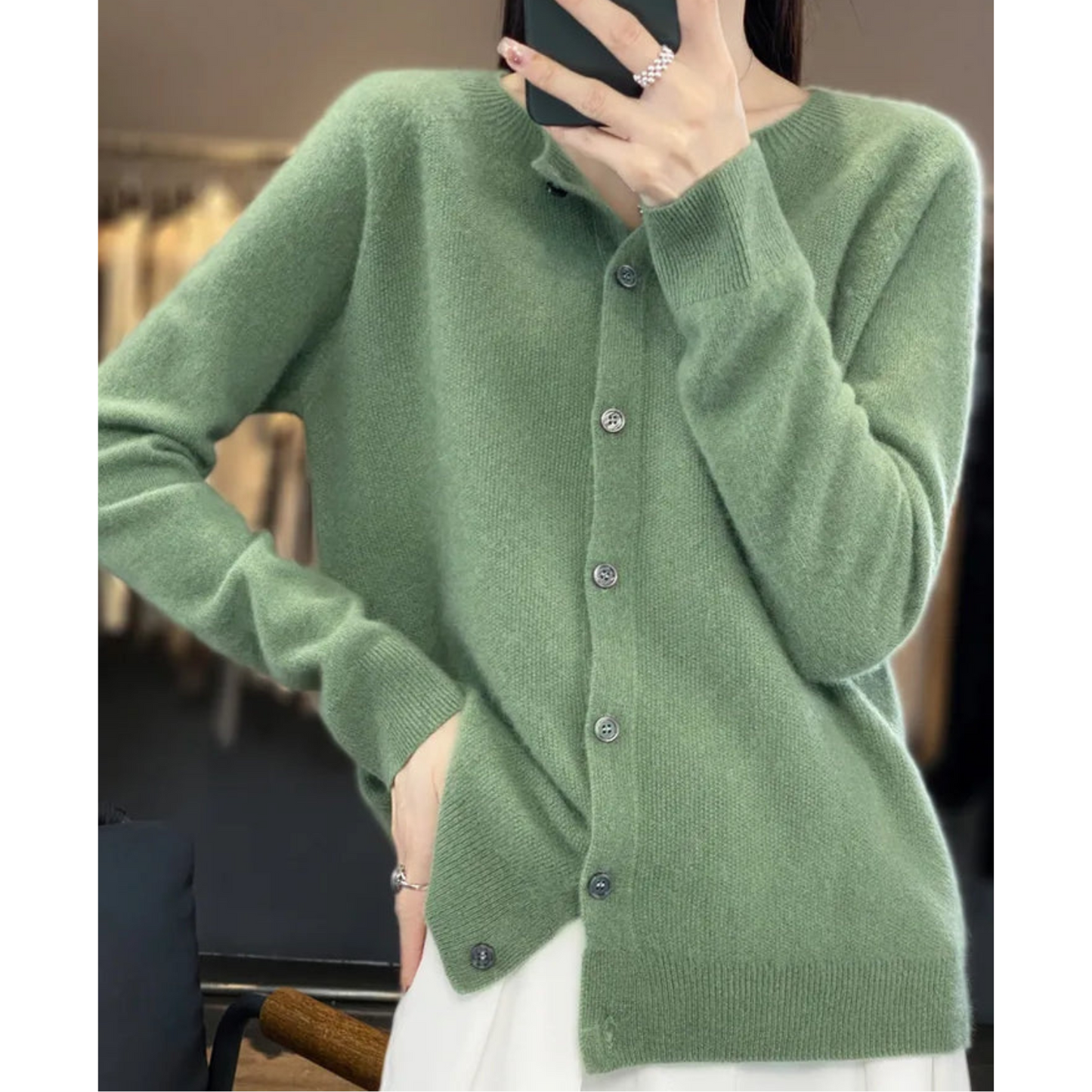 Light Green Brushed Knit Button-Front Cardigan