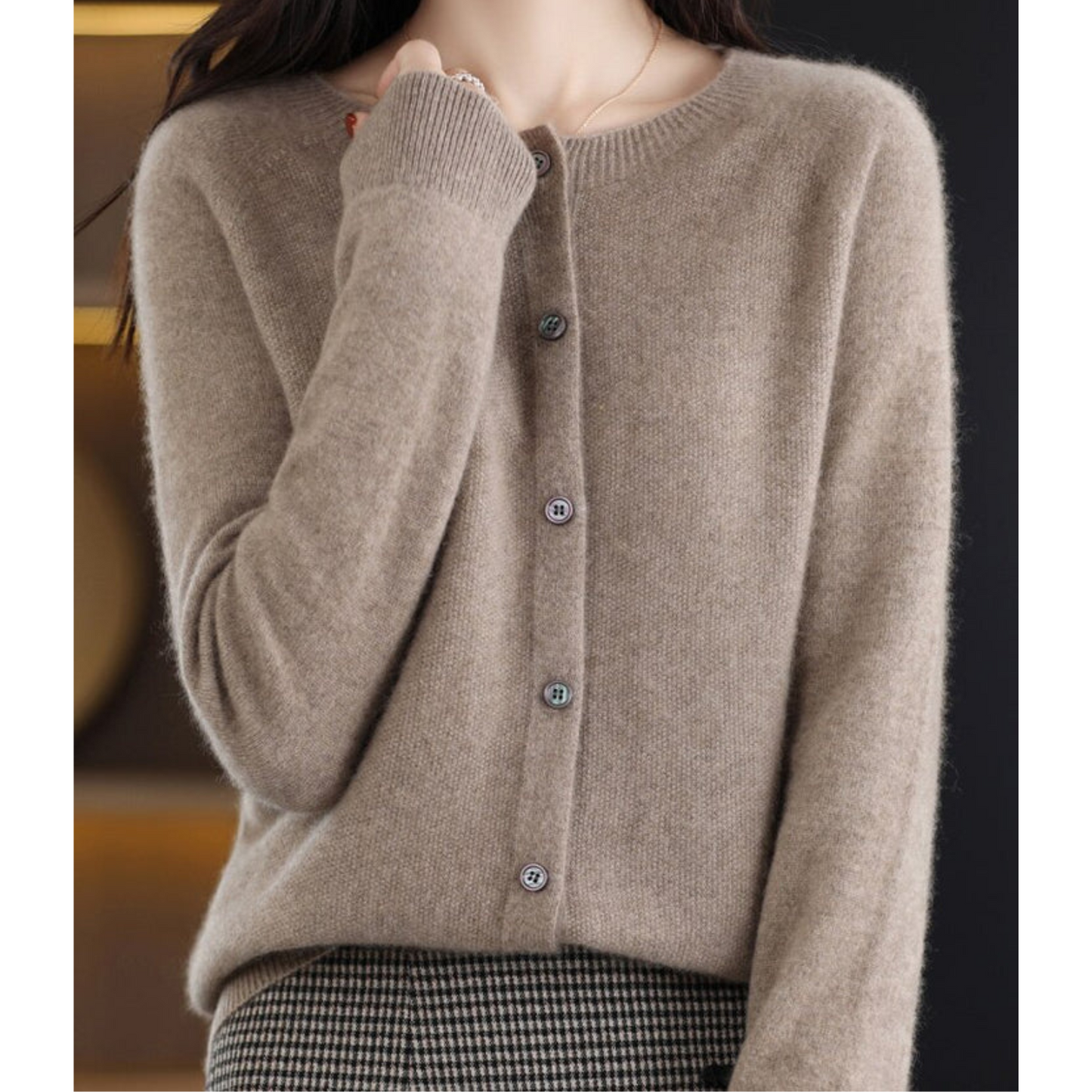 Brown Brushed Knit Button-Front Cardigan