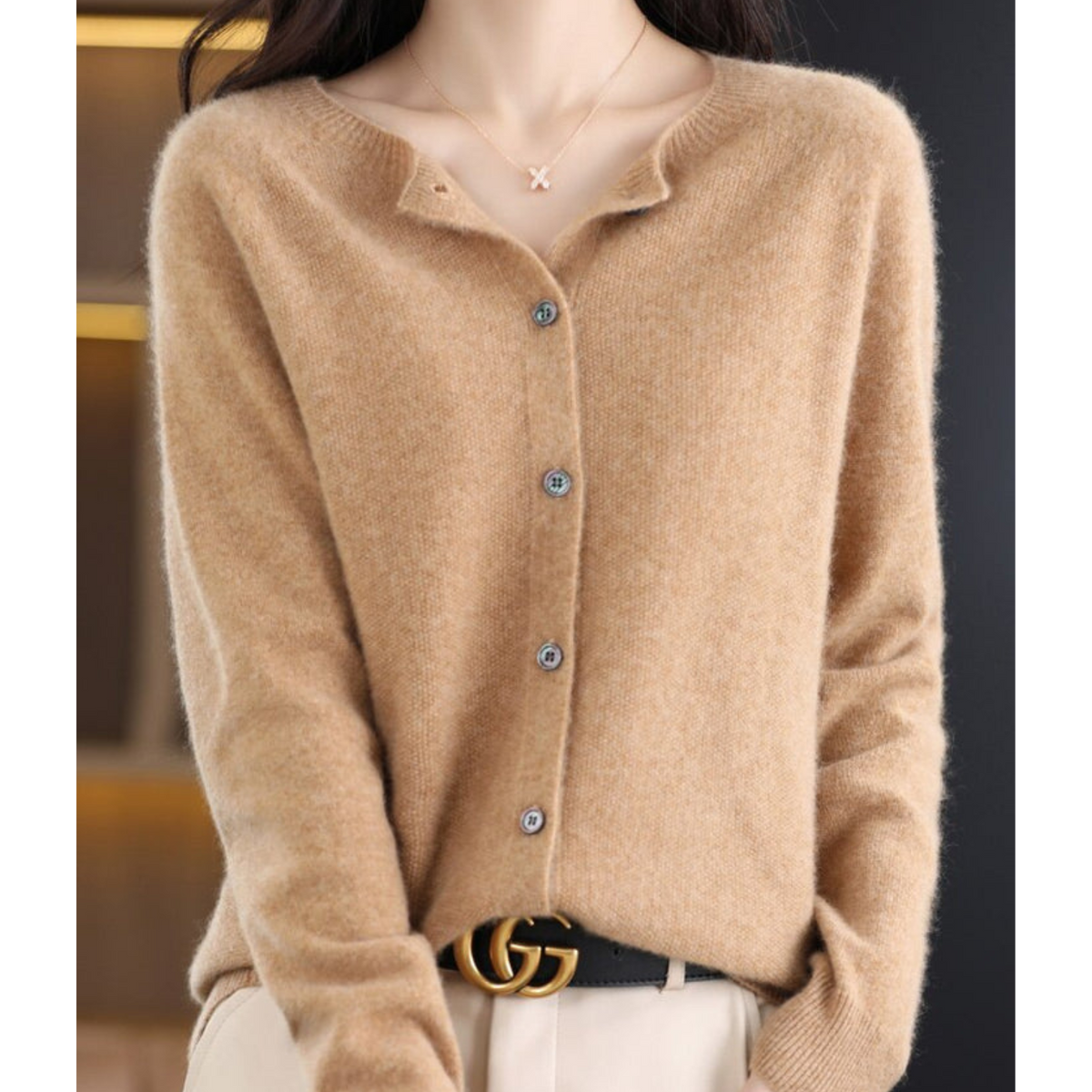 Light Brown Brushed Knit Button-Front Cardigan