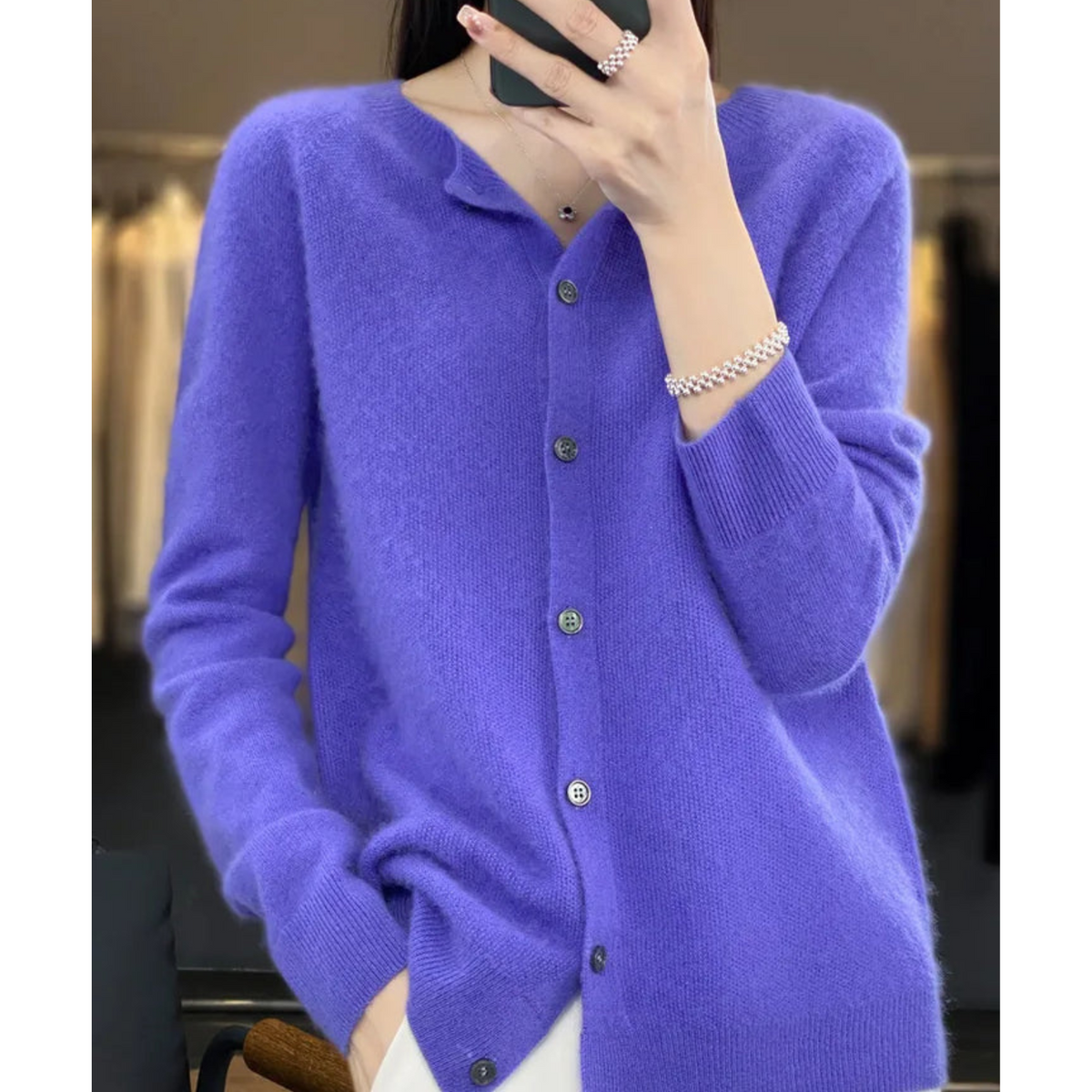 Dark Blue Brushed Knit Button-Front Cardigan