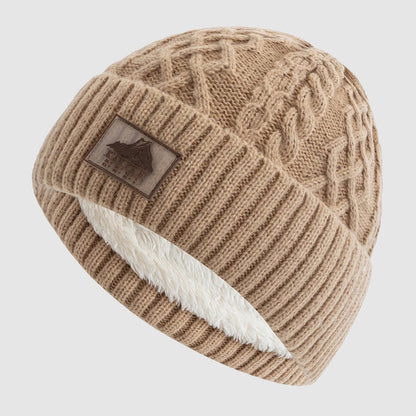 Khaki Fold-Over Cuff Fleece-Lined Knit Beanie