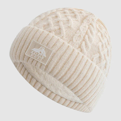 Beige Fold-Over Cuff Fleece-Lined Knit Beanie