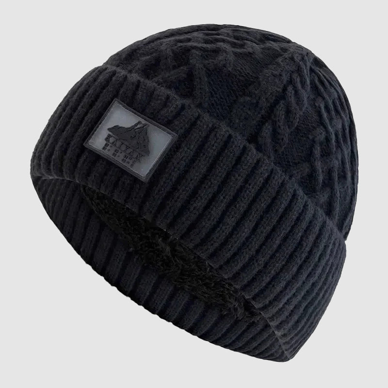 Black Fold-Over Cuff Fleece-Lined Knit Beanie