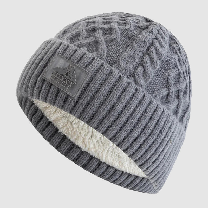 Gray Fold-Over Cuff Fleece-Lined Knit Beanie