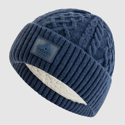 Blue Fold-Over Cuff Fleece-Lined Knit Beanie