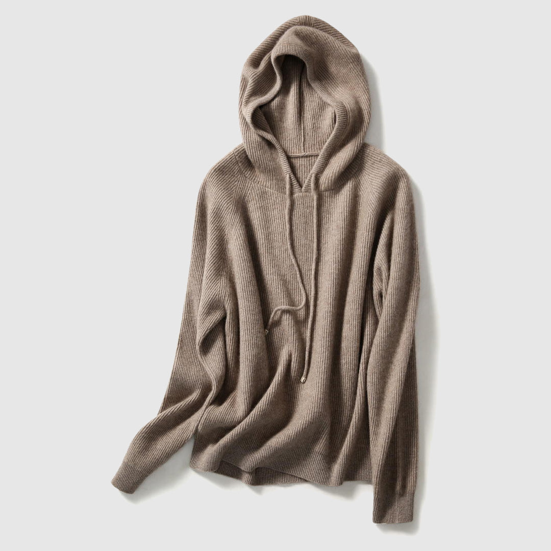 Women's beige cashmere hooded pullover sweater in soft knit