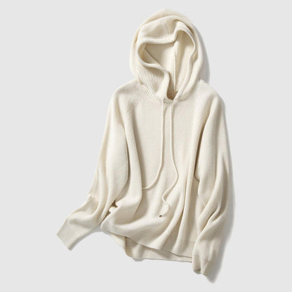 Women's beige cashmere hooded pullover sweater in soft knit