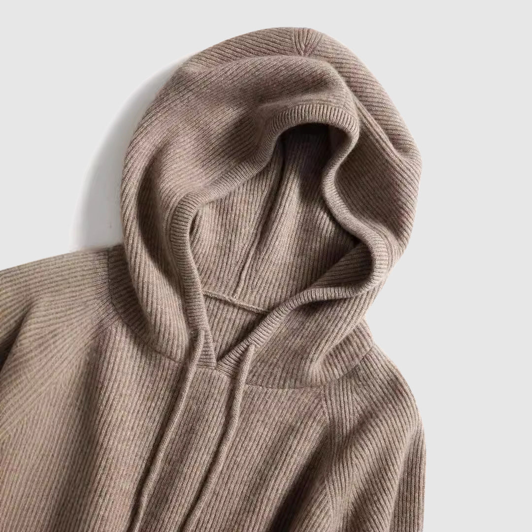 Women's beige cashmere hooded pullover sweater in soft knit