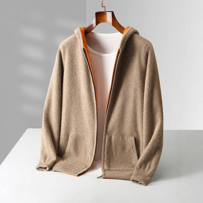 Camel reversible cashmere wool blend zip-up hoodie