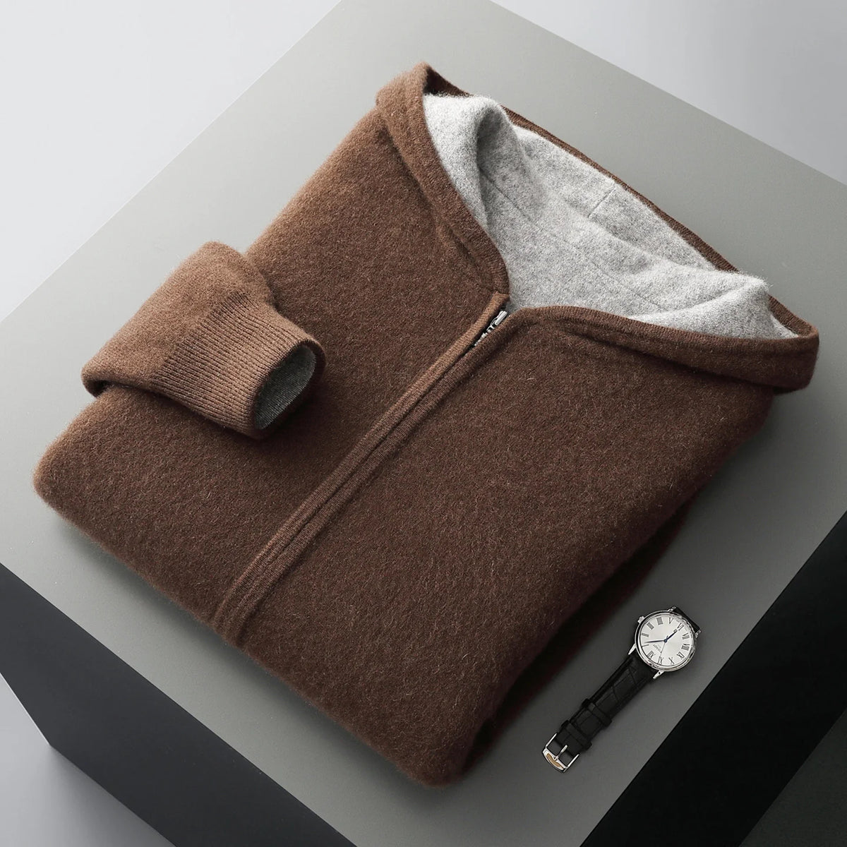 Dark brown reversible cashmere wool blend zip-up hoodie