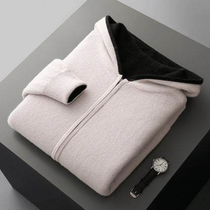 White reversible cashmere wool blend zip-up hoodie