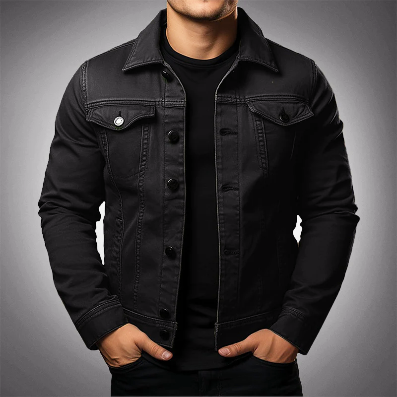 Men's green cotton denim jacket with button front and multi pockets