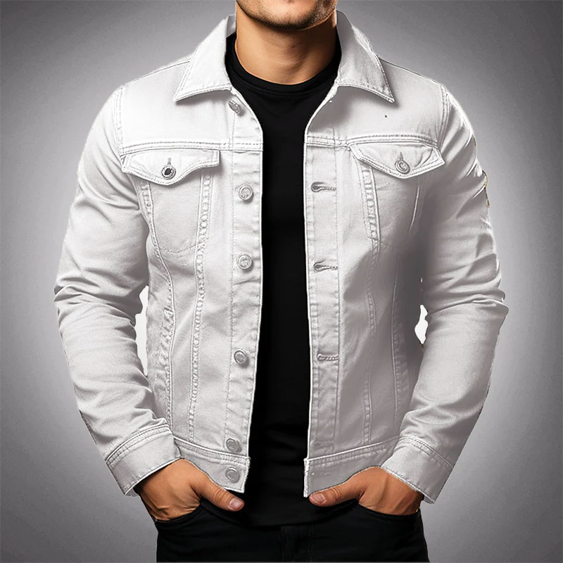 Men's green cotton denim jacket with button front and multi pockets