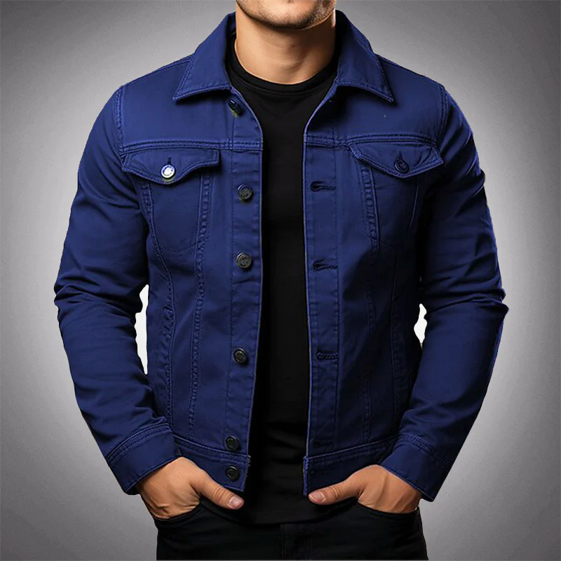 Men's green cotton denim jacket with button front and multi pockets