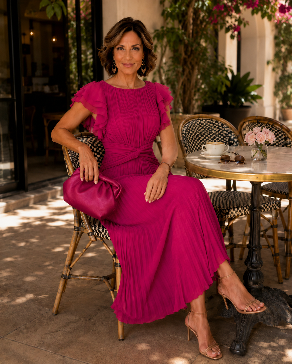 Pleated Flutter-Sleeve Wedding Guest Maxi Dress with Round Neck – view 2