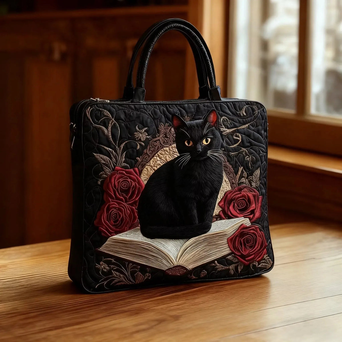 Black Retro Black Cat Print Canvas Tote Bag