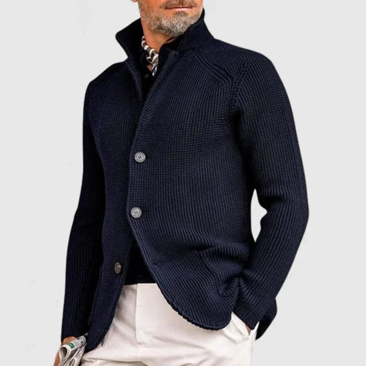 Adrian wool blend cardigan worn, lifestyle shot