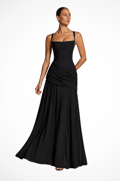 Women's black square neck ruched maxi wedding guest dress with side slit
