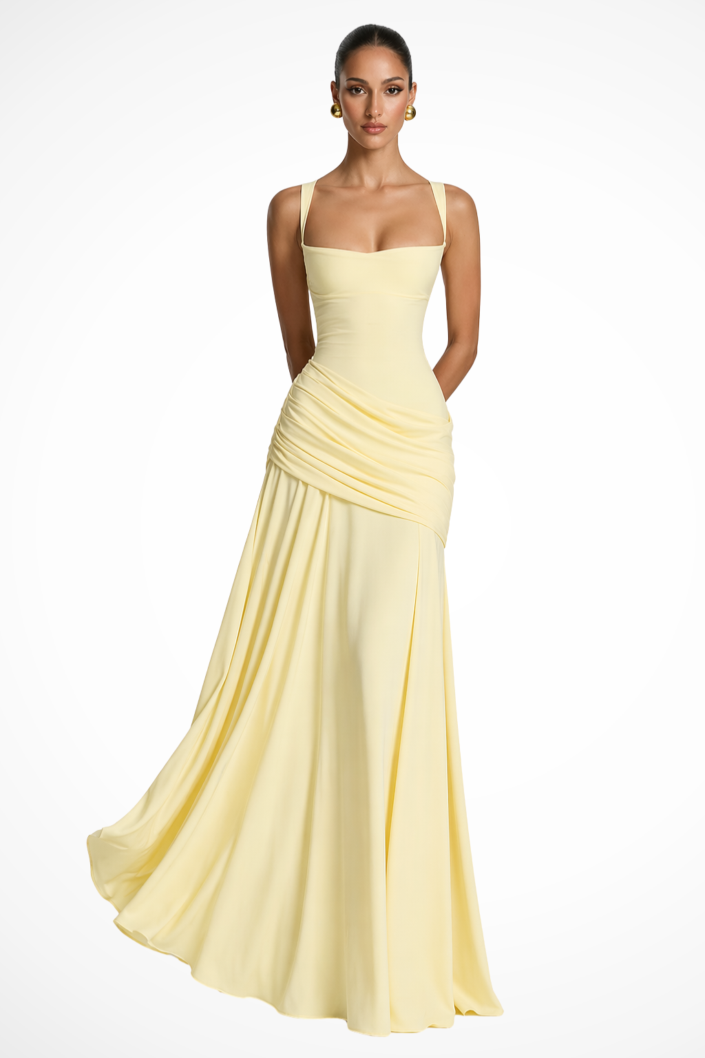 Women's yellow square neck ruched maxi wedding guest dress with side slit