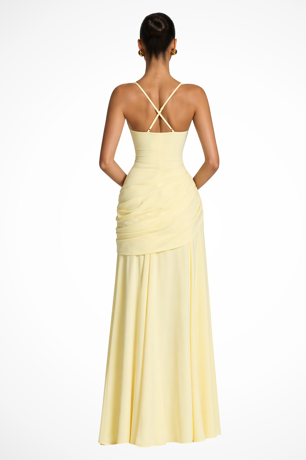 Women's navy blue square neck ruched maxi wedding guest dress with side slit