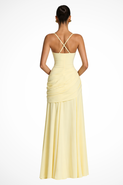 Women's navy blue square neck ruched maxi wedding guest dress with side slit