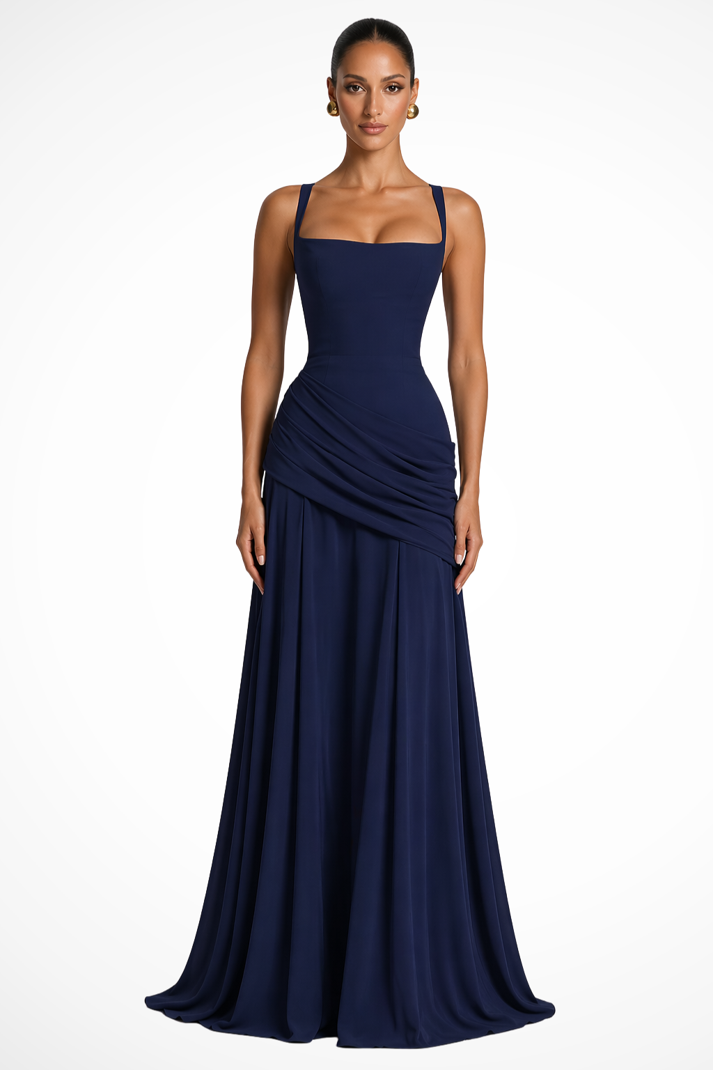 Women's burgundy square neck ruched maxi wedding guest dress with side slit