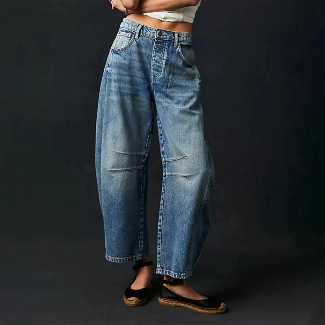 Women's dark blue cropped barrel leg jeans