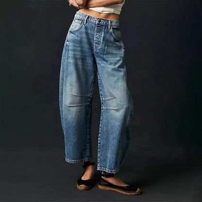 Women's dark blue cropped barrel leg jeans