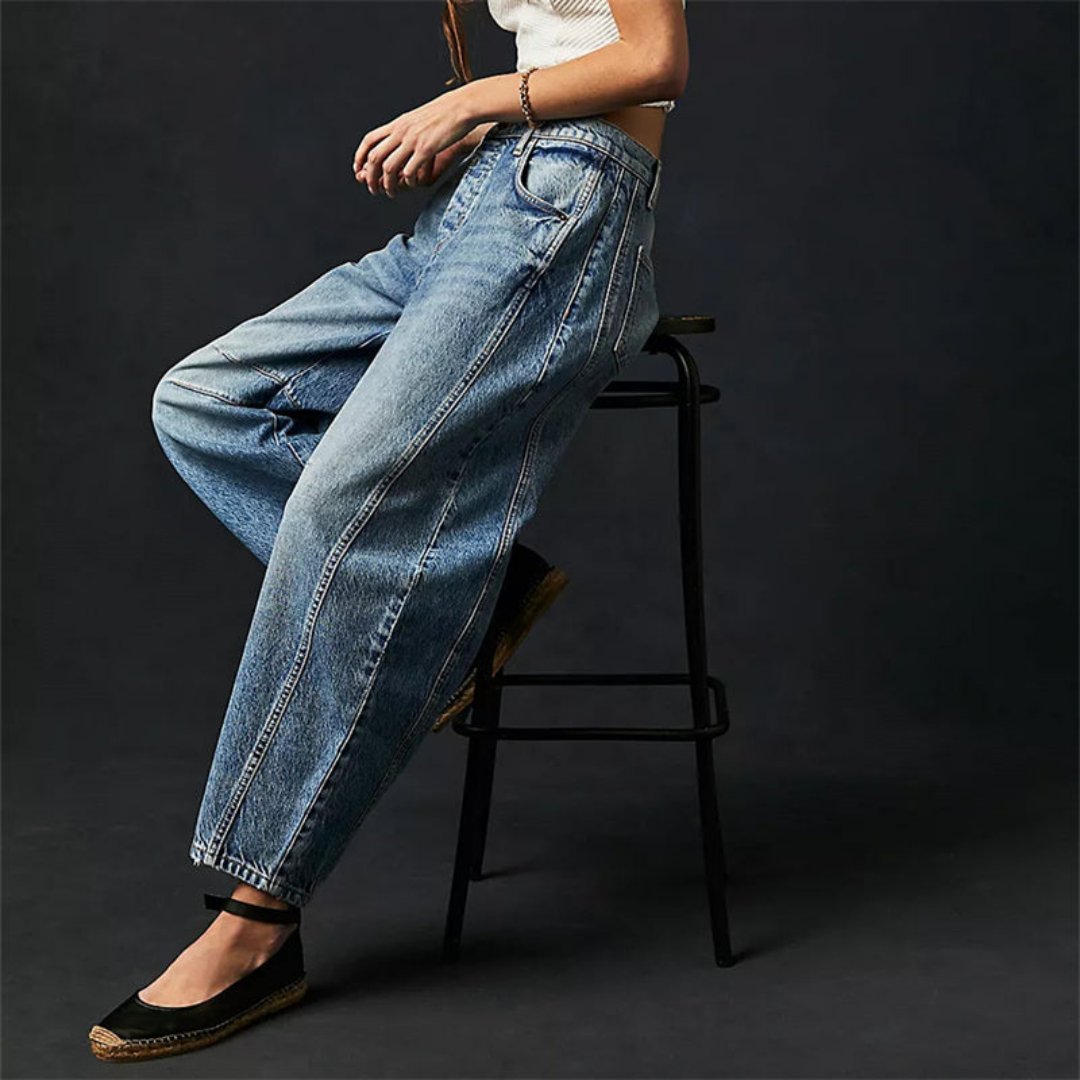 Women's dark blue cropped barrel leg jeans