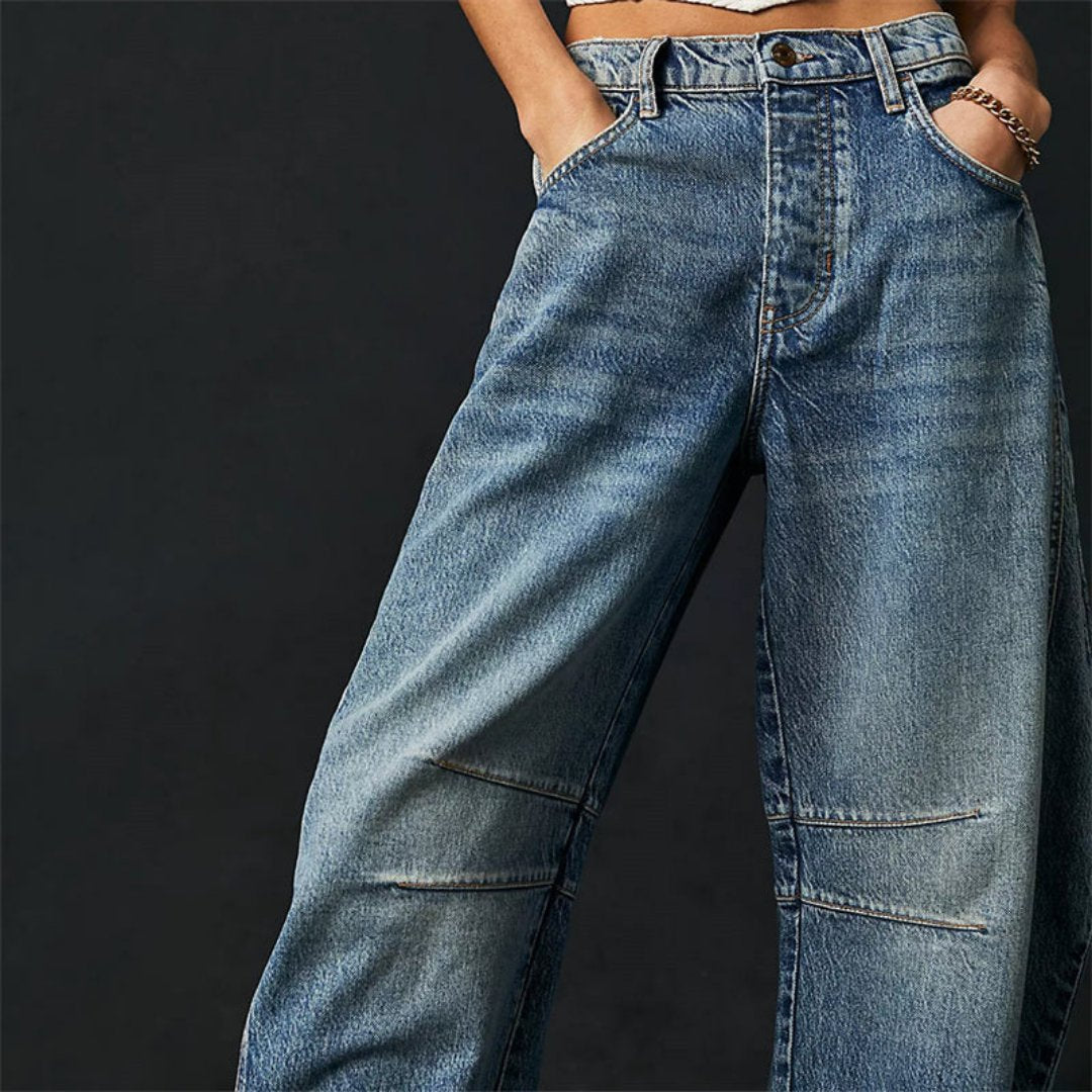 Women's dark blue cropped barrel leg jeans