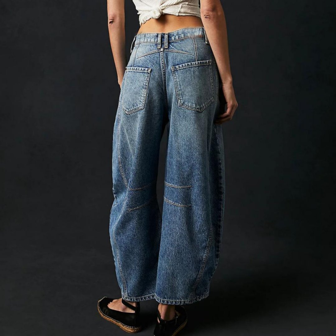 Women's dark blue cropped barrel leg jeans