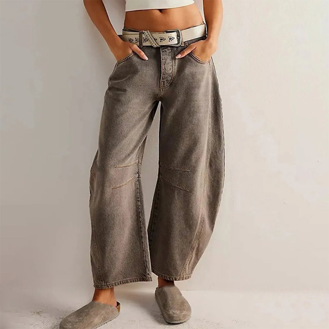 Women's taupe cropped barrel leg jeans