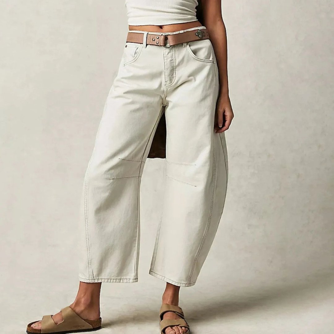 Women's taupe cropped barrel leg jeans