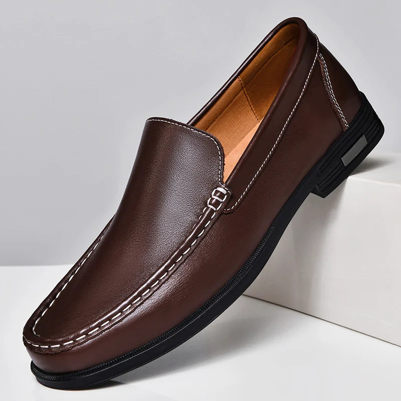 Men's brown leather dress loafers slip-on shoes