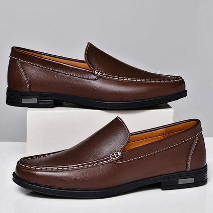 Men's brown leather dress loafers slip-on shoes