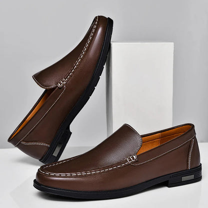 Men's brown leather dress loafers slip-on shoes