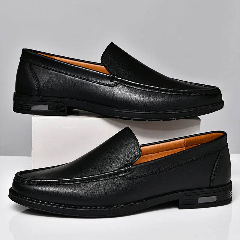 Men's brown leather dress loafers slip-on shoes