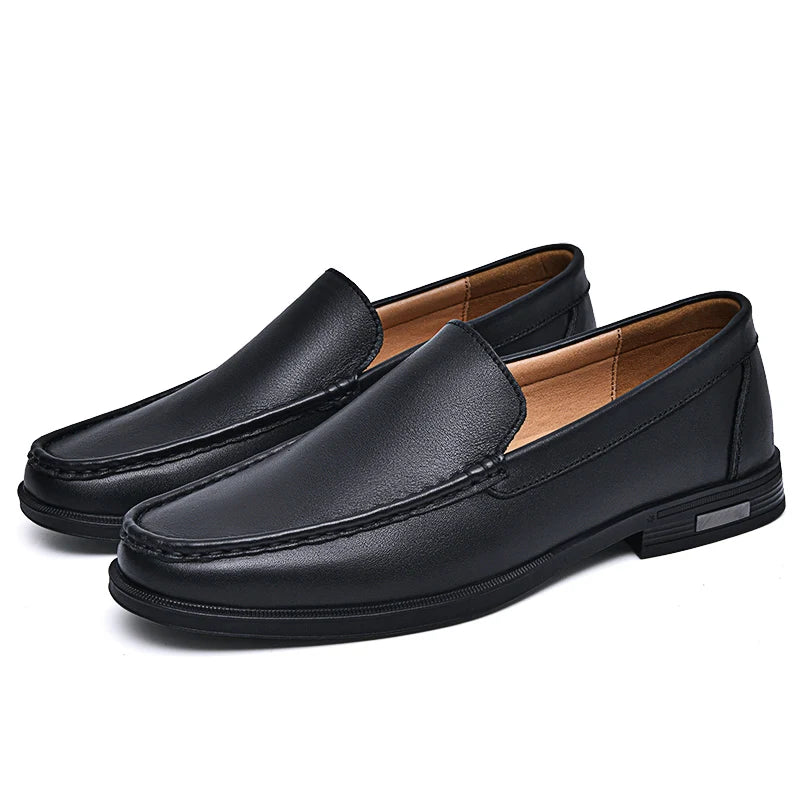 Men's brown leather dress loafers slip-on shoes