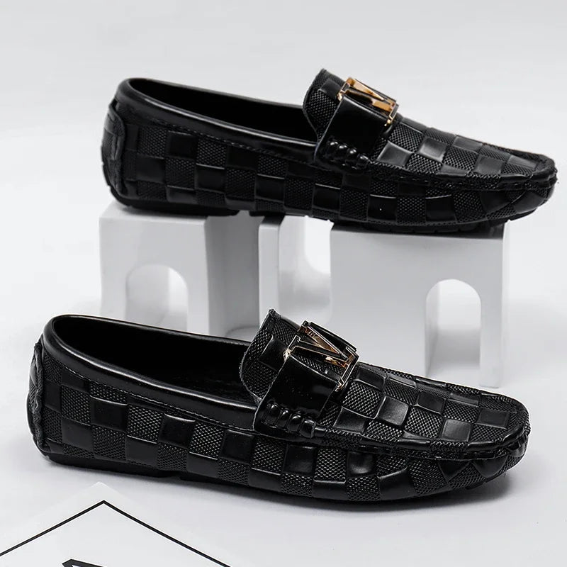 Men's black woven leather dress loafers slip-on shoes