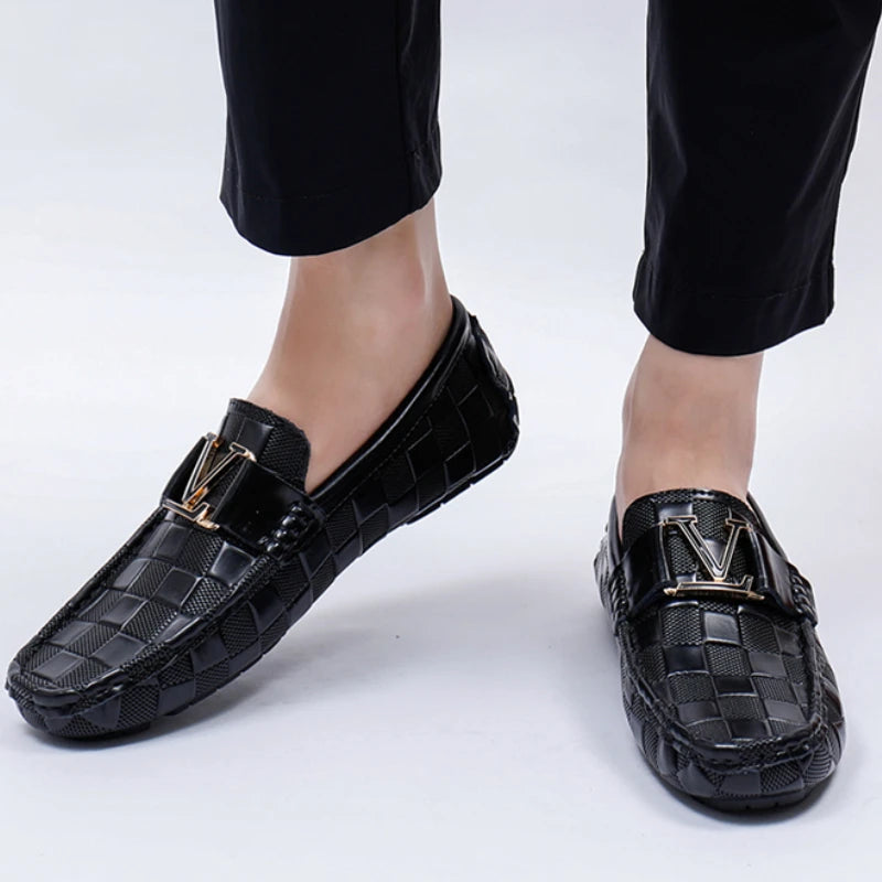 Men's black woven leather dress loafers slip-on shoes