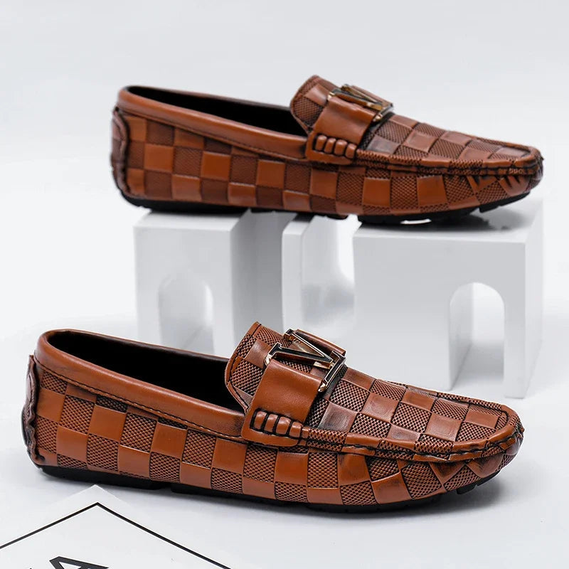 Men's black woven leather dress loafers slip-on shoes